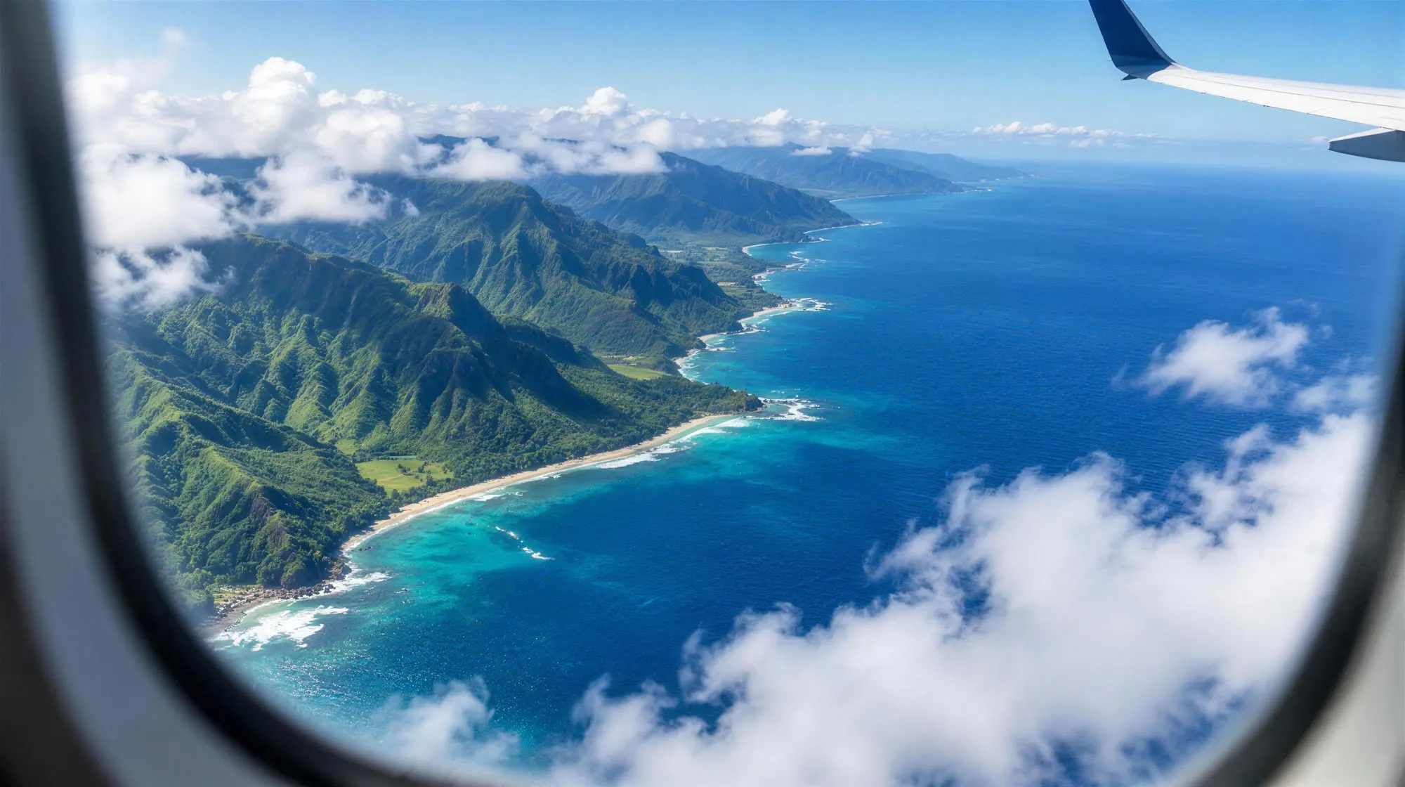 Hawaiian coastline seen from an airplane window